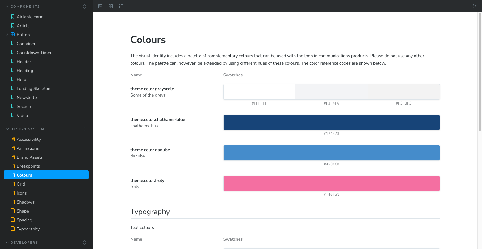 Storybook Design System - Brand colours