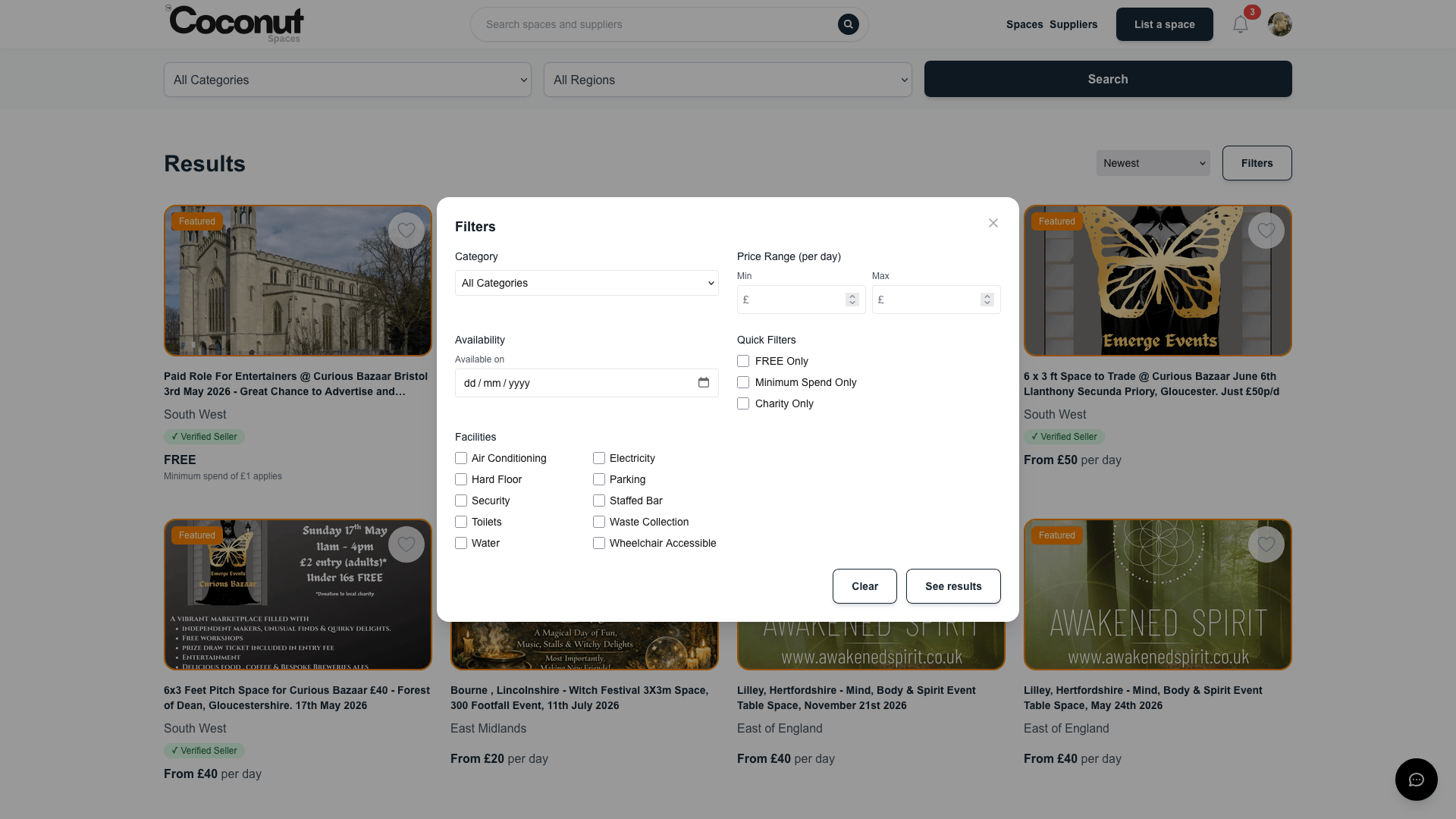 Filters — refine by category, region, facilities and quick filters without leaving the page