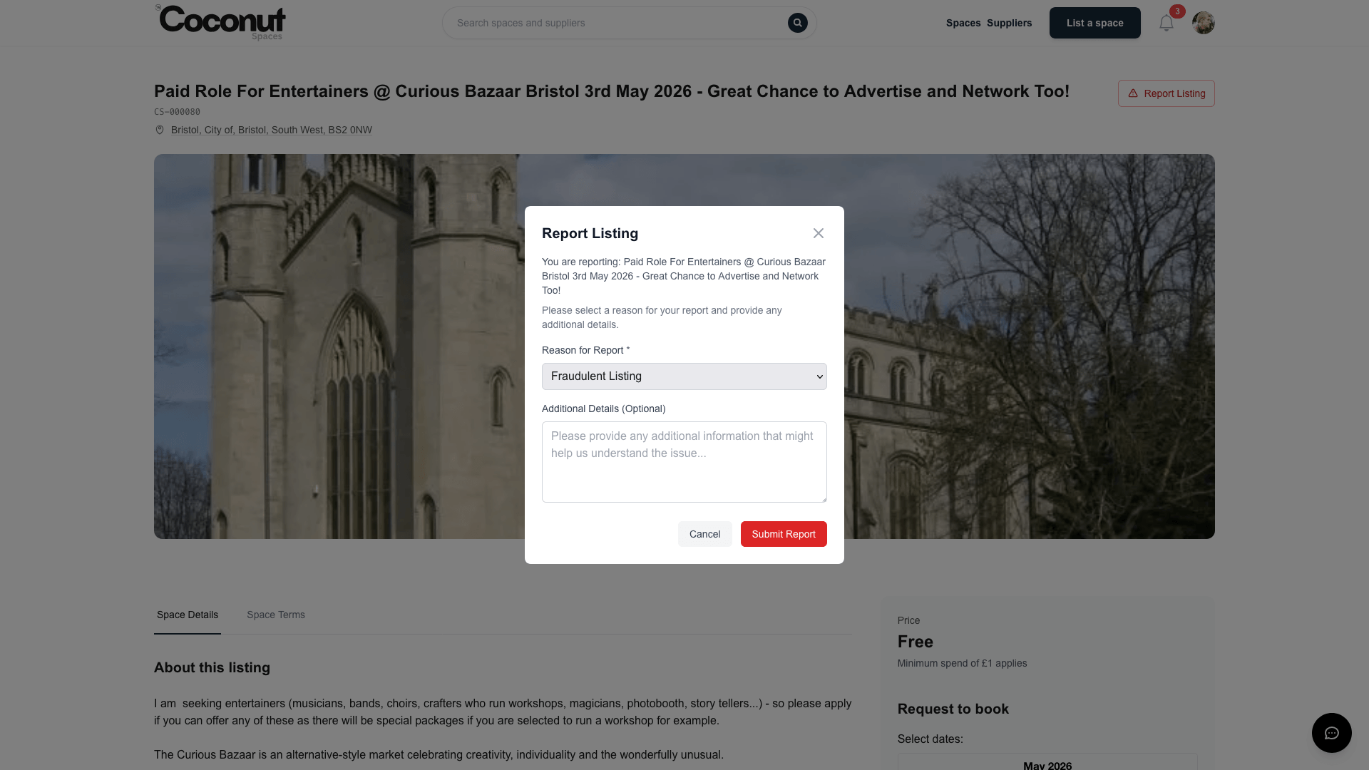 Trust and moderation — reporting built into every listing