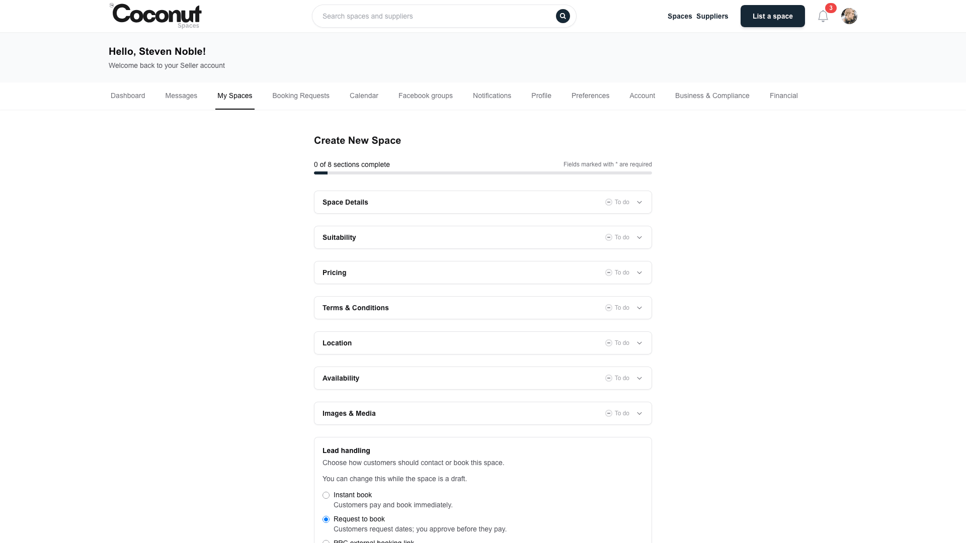 Seller onboarding — eight guided sections with clear progress and required fields