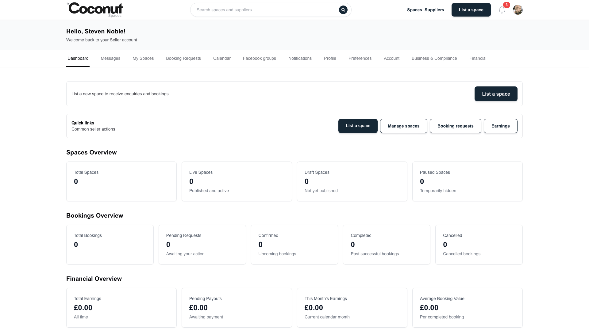 Seller dashboard — spaces, bookings and financials in one operational view