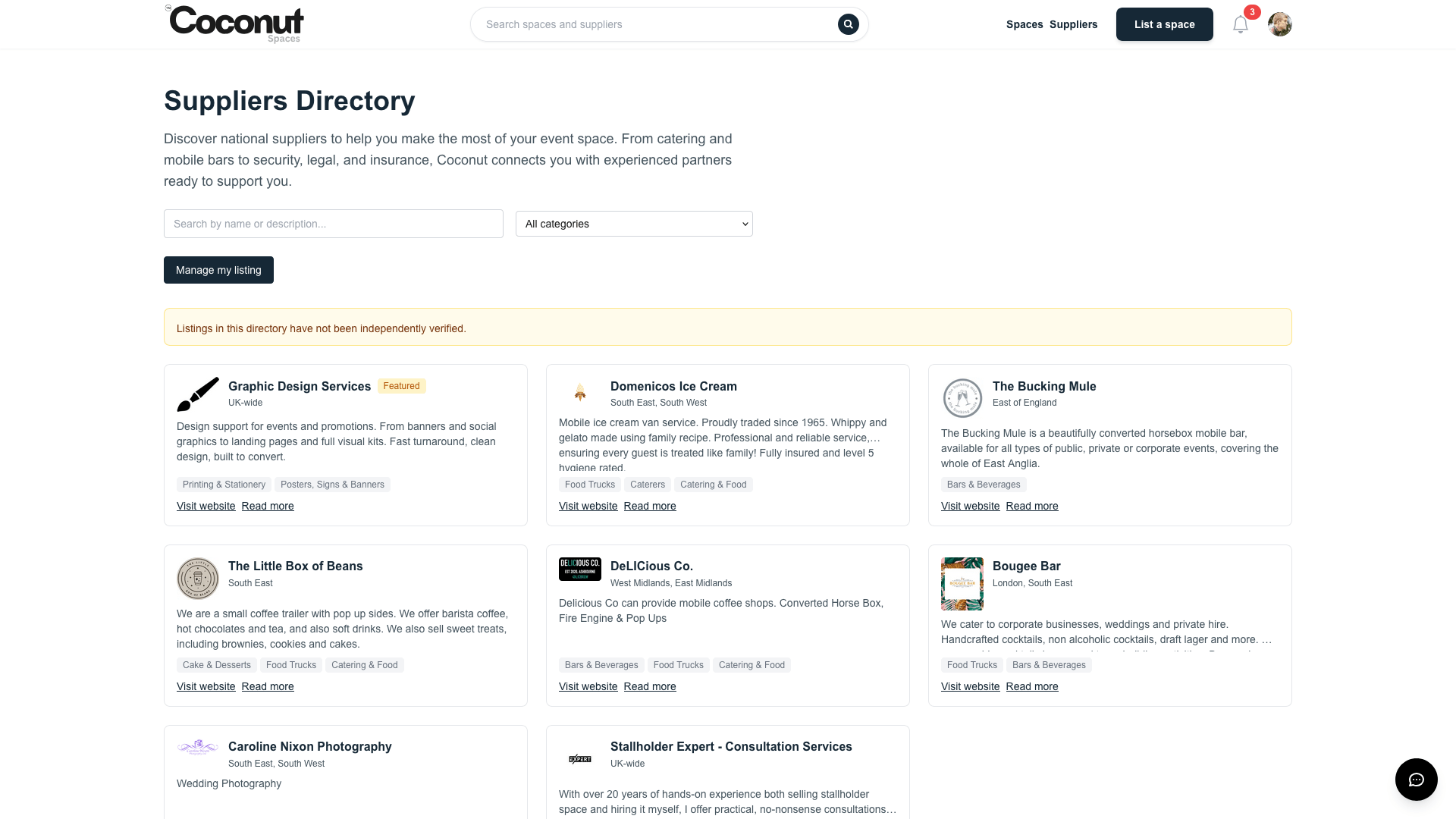 Suppliers directory — caterers, mobile bars and partners alongside the spaces