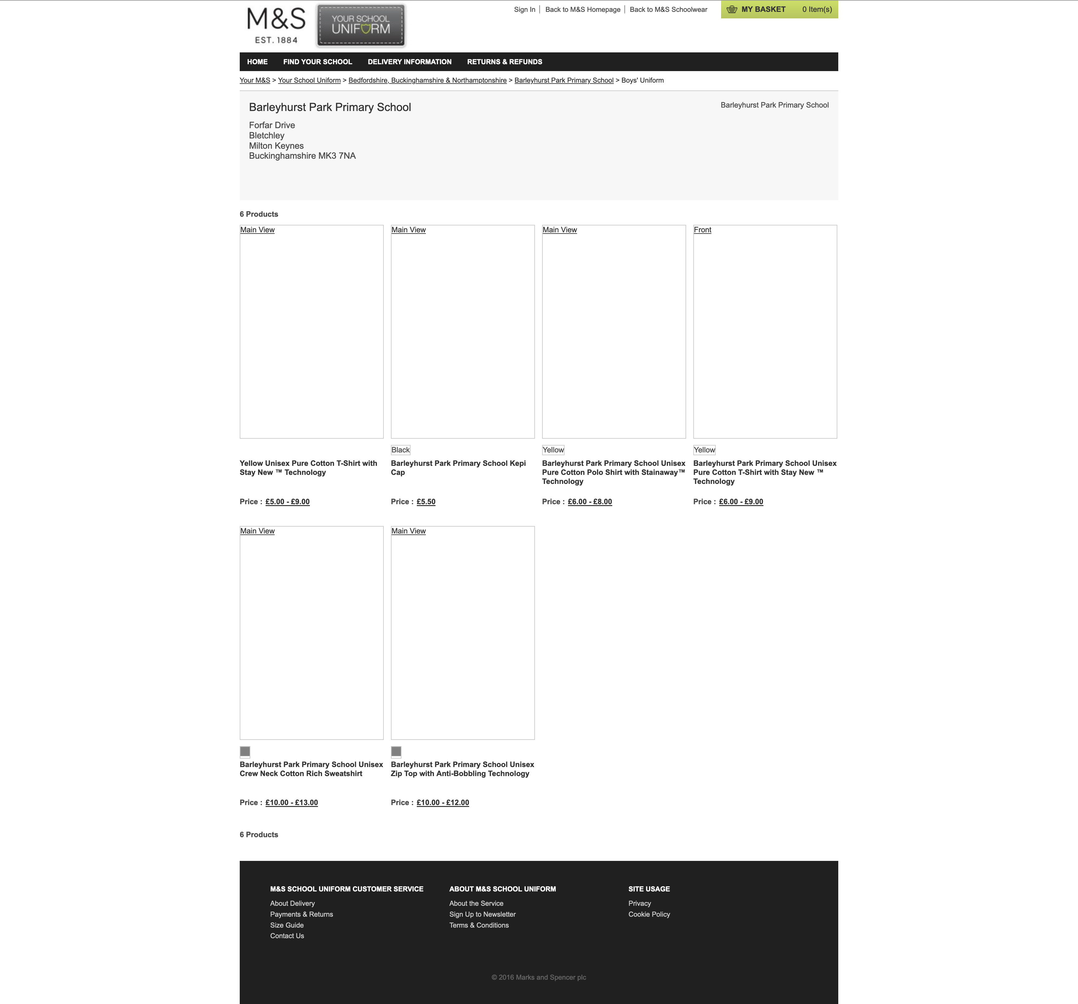 Product list, branded per school